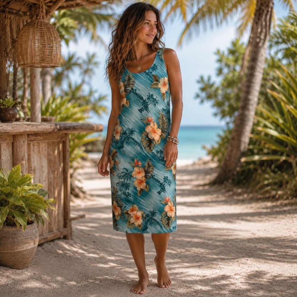 Hilo Hattie Vintage Tropical Hibiscus Sleeveless Midi Dress L Rayon Cruise USA